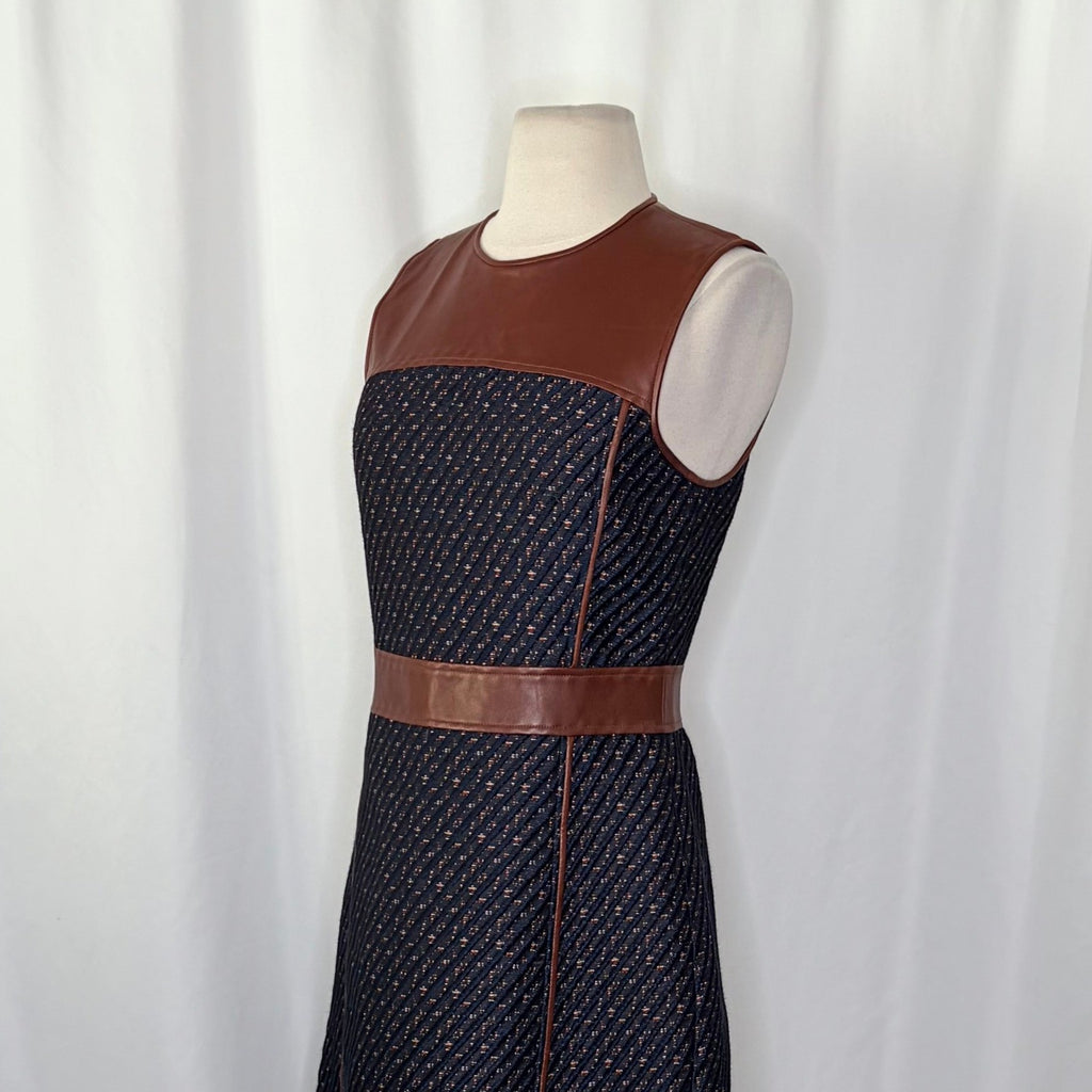 THEORY Calvino Mixed Media Tweed Lamb Leather Dress Brown Blue Fit and Flare 6