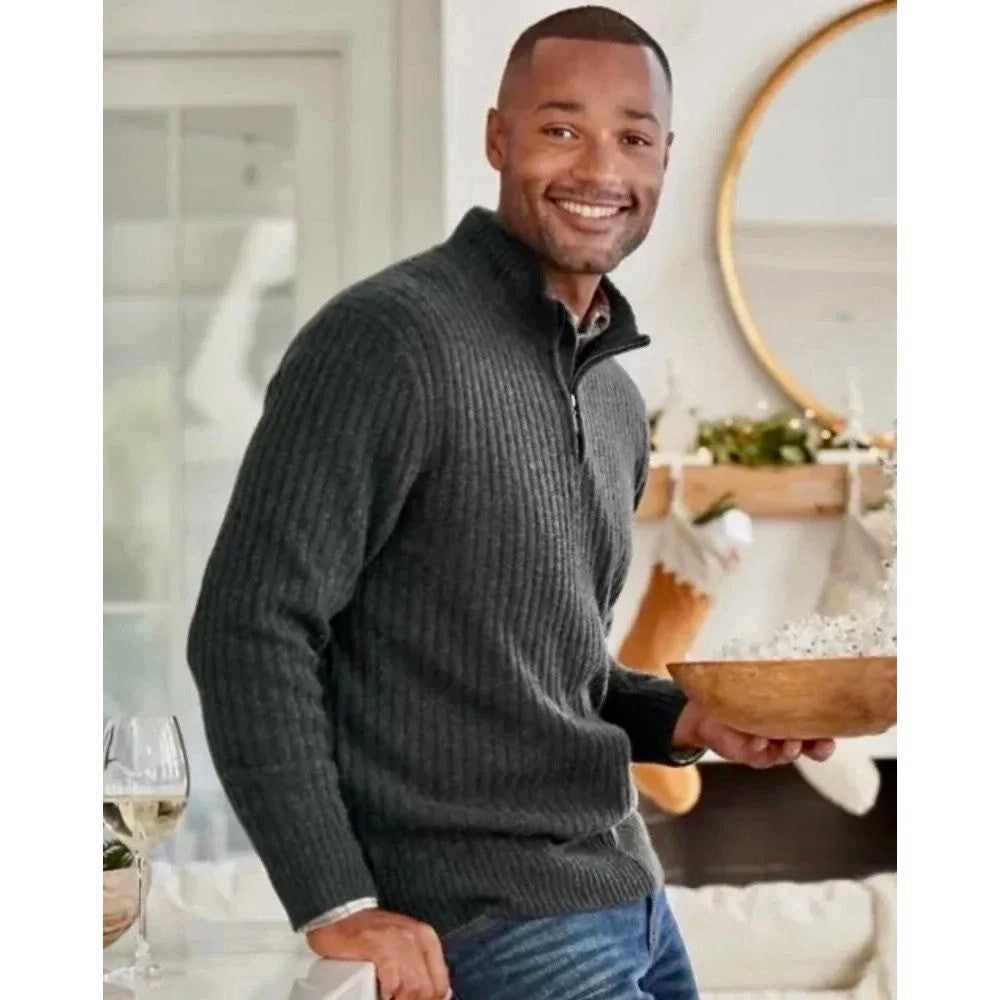Men's GARNET HILL Washable Cashmere Ribbed Quarter Zip Sweater Charcoal Gray S