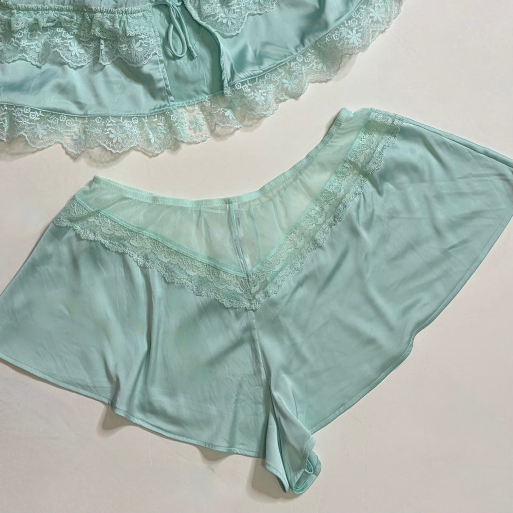 ANTHROPOLOGIE Two Piece Set Crop Lace Ruffle Cami Short Mint Green Lacey Medium