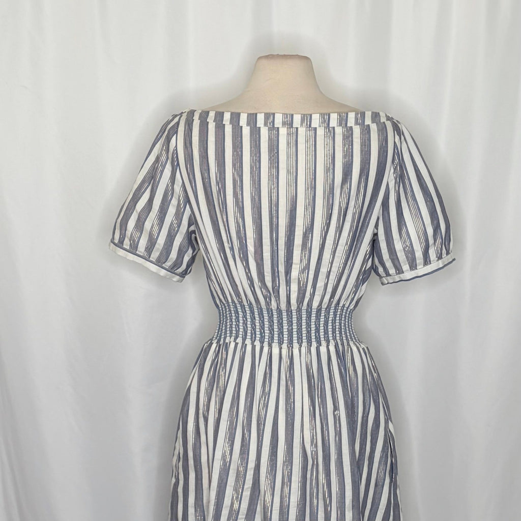 Anthropologie SEEN WORN KEPT Jenna Lurex Stripe Dress Blue White Midi Size 12