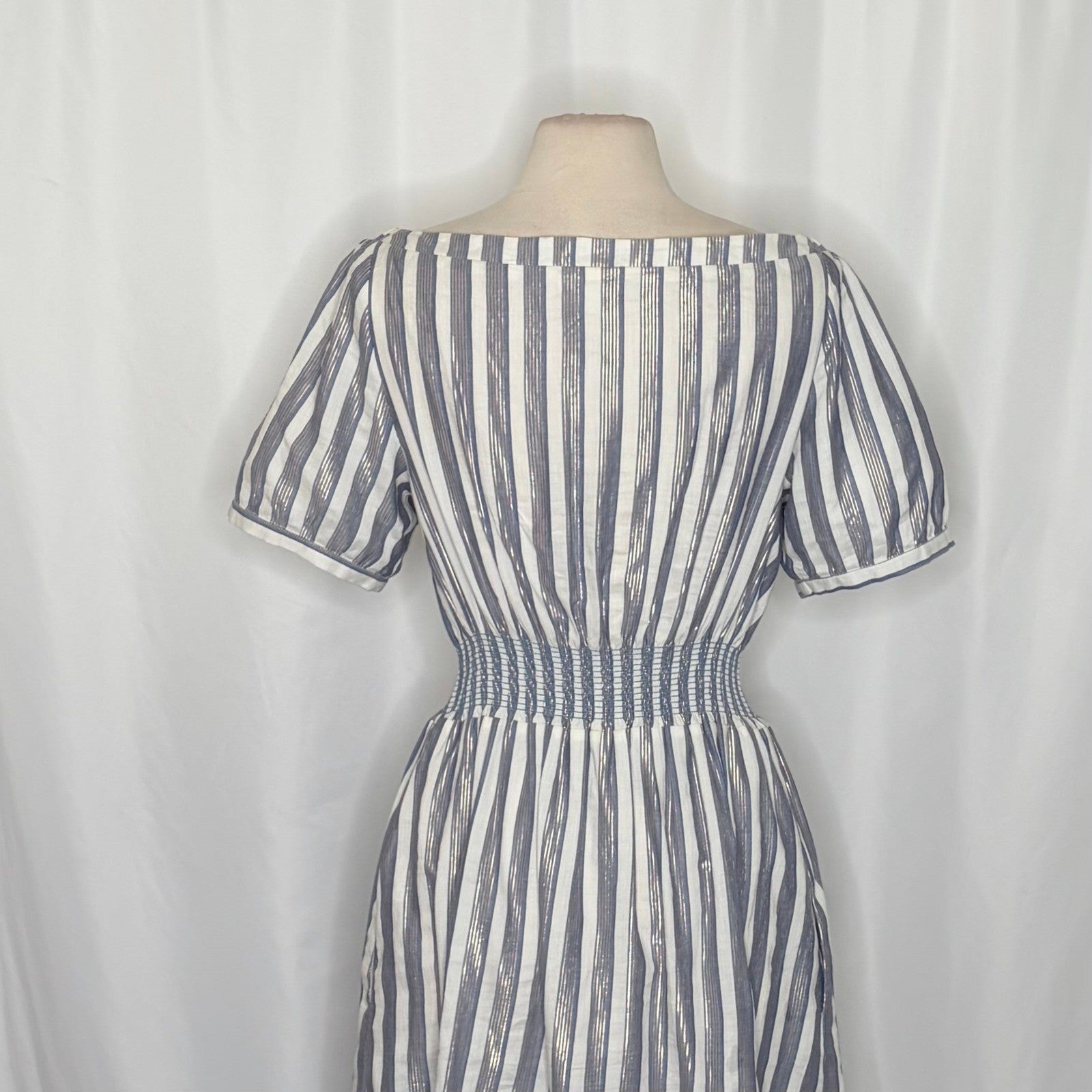 Anthropologie SEEN WORN KEPT Jenna Lurex Stripe Dress Blue White Midi Size 12