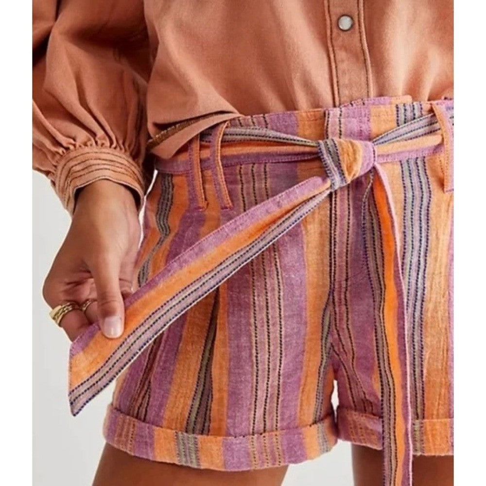 FREE PEOPLE Barbados Bloom Belted Cuffed Shorts Tropical Stripes Vacation 6