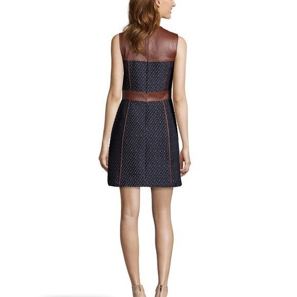 THEORY Calvino Mixed Media Tweed Lamb Leather Dress Brown Blue Fit and Flare 6