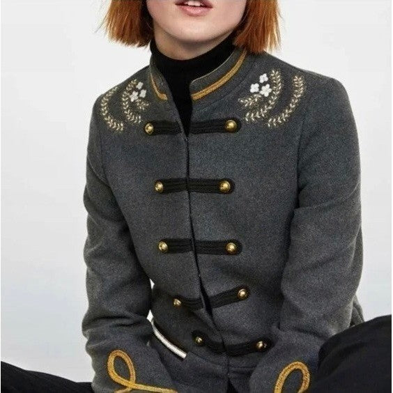 NWT!! ZARA Embroidered Military Jacket Charcoal Gray Gold Braid Buttons Large