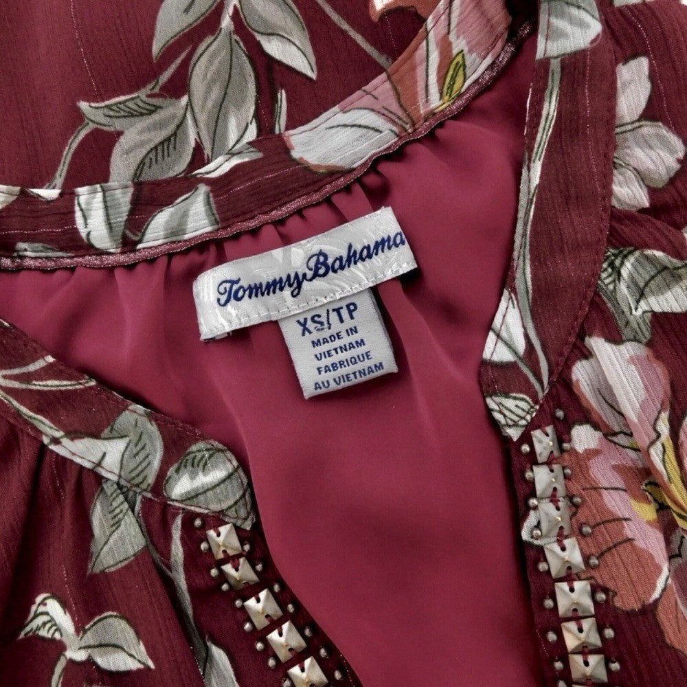 TOMMY BAHAMA Painted Petal Midi Floral Dress Metallic Embellished Beads X-Small