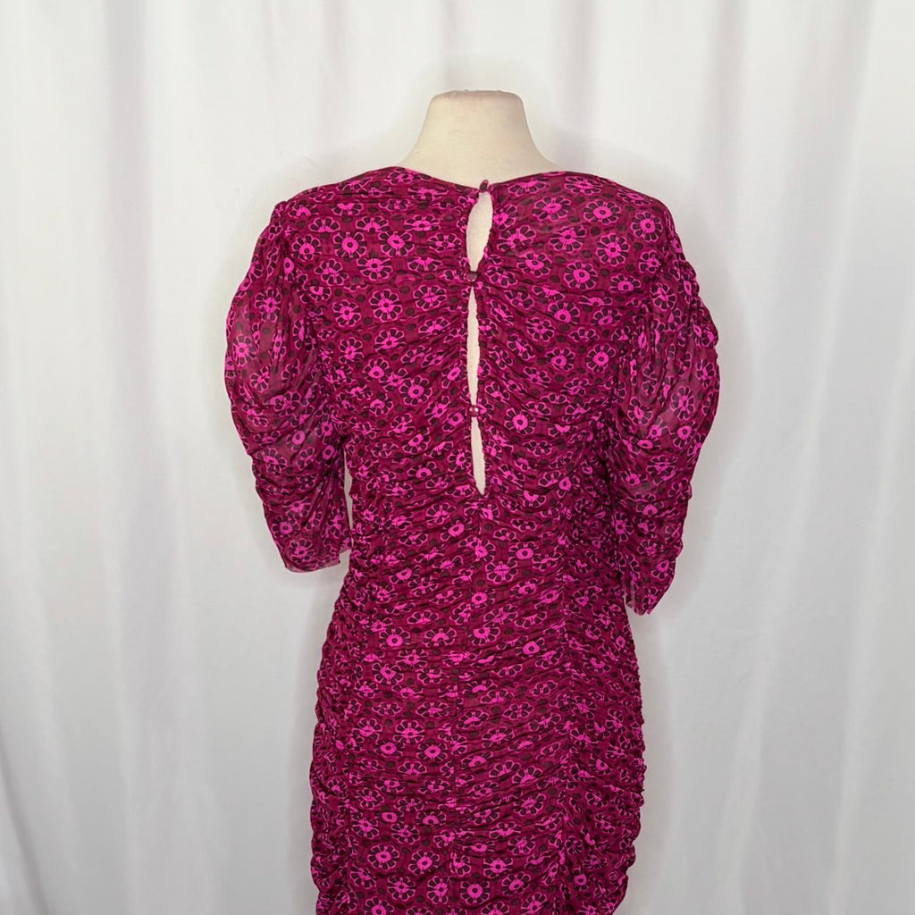 FREE PEOPLE Briella Dress Floral Ruched Midi Fuchsia Combo Ruching Party Large