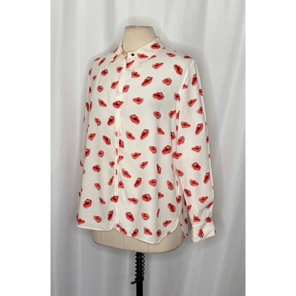 ZARA ZW Collection White Pink Lips Print Buttondown Top Blouse Lipstick X-Large
