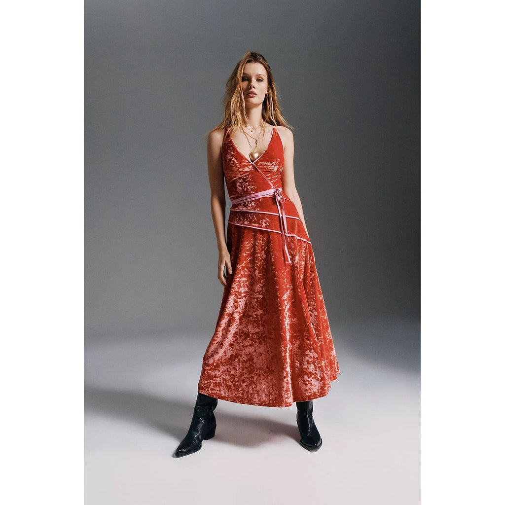 FREE PEOPLE Deia Velvet Midi Dress Pink Rose Strappy Dainty Romantic X-Small