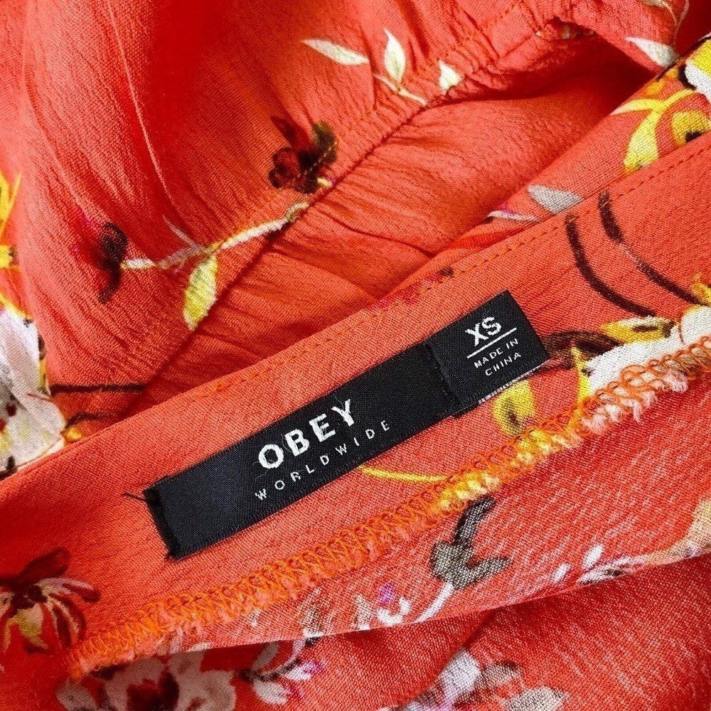 OBEY Pinot Floral Mini Dress Dolman Surplice Coral Pink Orange Boho X-Small