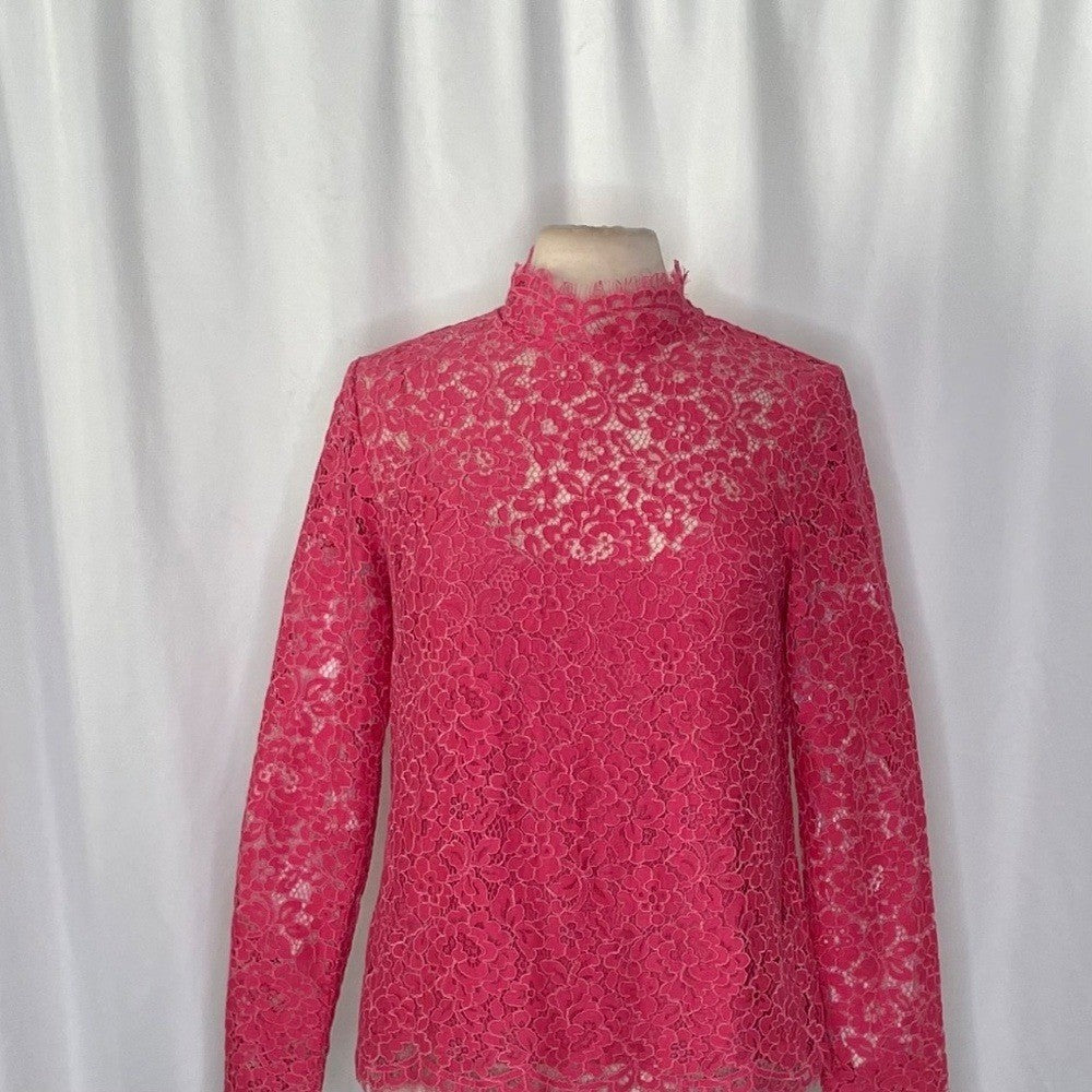 NWT!! J. CREW Scalloped Lace Mockneck Top Blouse Dragon Fruit Pink Size 14