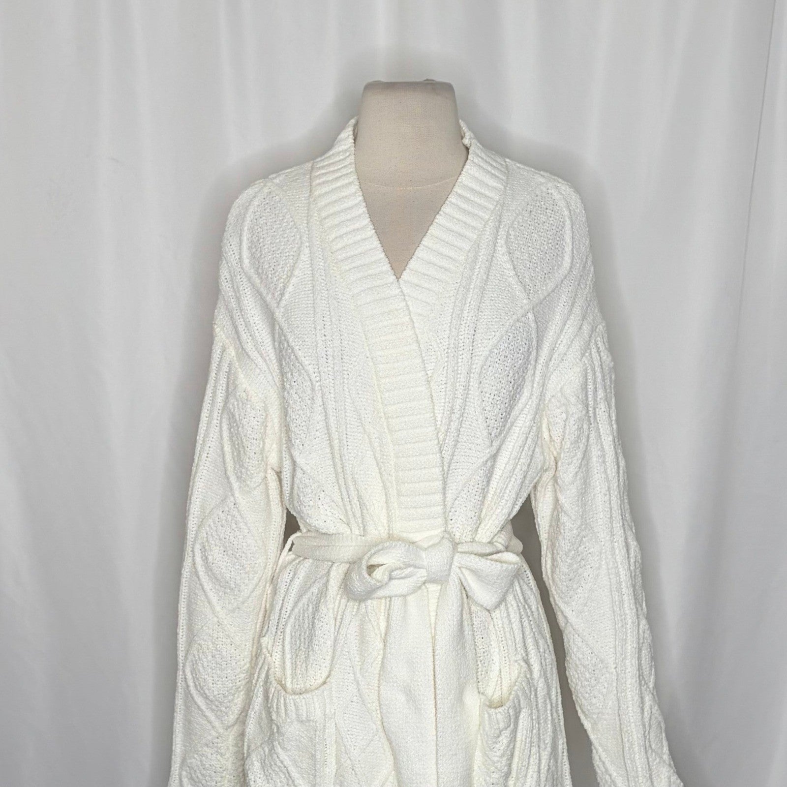 BEACH RIOT Rinna Chenille Robe Cream Cable Knit Belted Pockets X-Small Small
