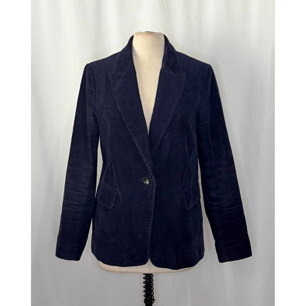 BODEN Navy Blue Corduroy Blazer Jacket Single Button Flap Pockets Preppy Size 10