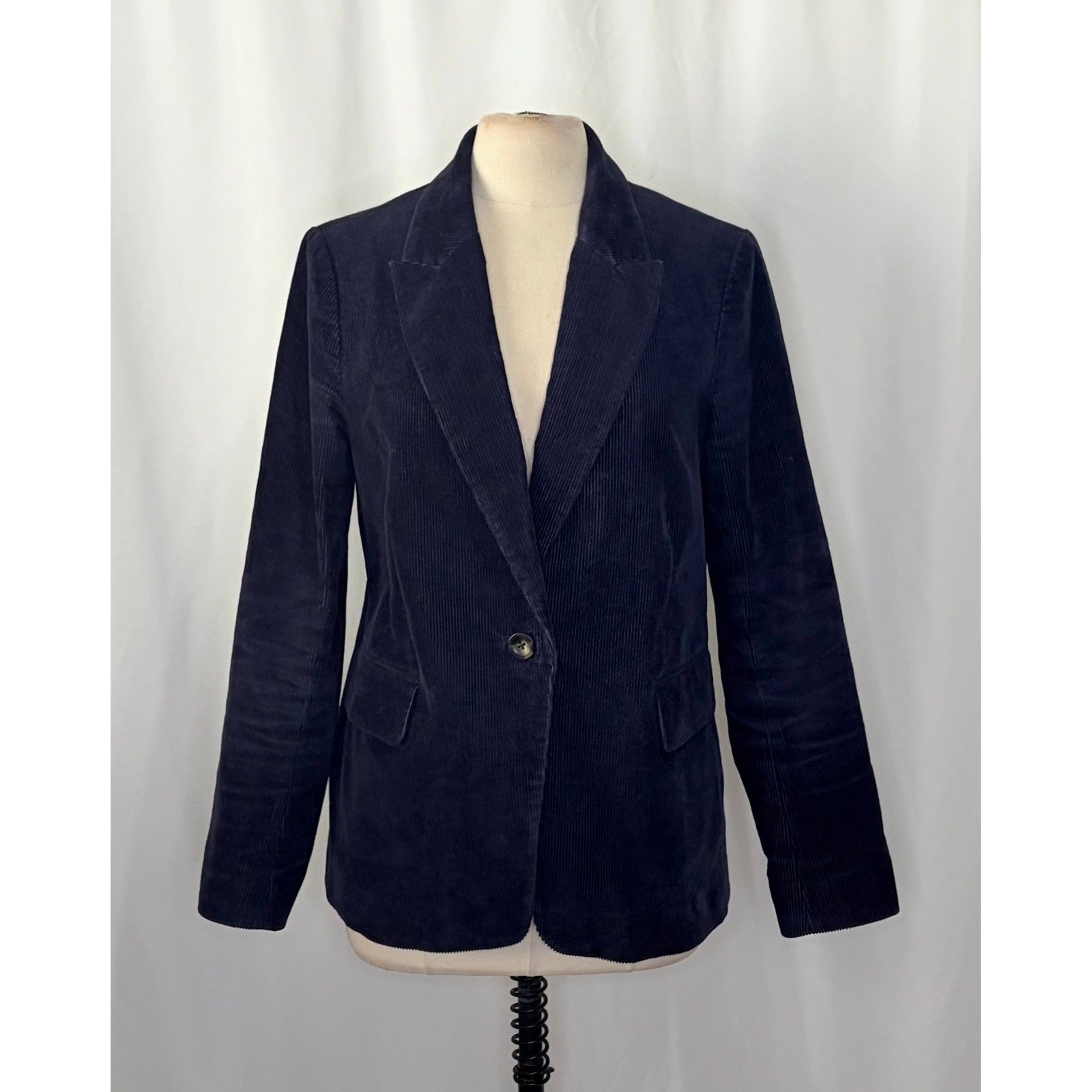 BODEN Navy Blue Corduroy Blazer Jacket Single Button Flap Pockets Preppy Size 10
