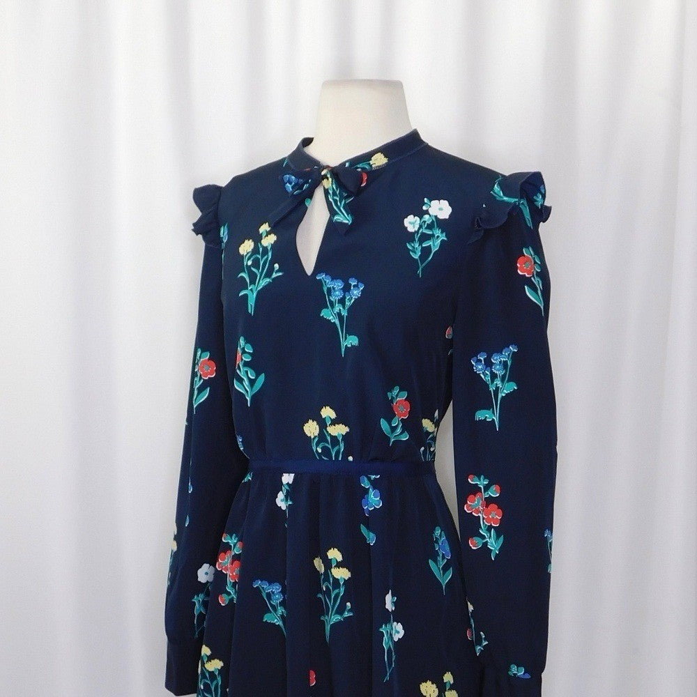 DRAPER JAMES Tisdale Navy Blue Floral Dress Tie Neck Ruffle Shoulders Size 8