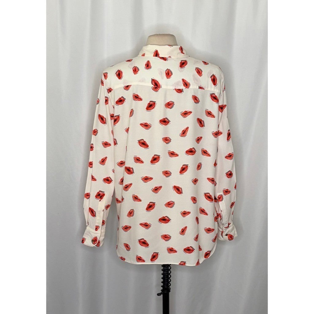 ZARA ZW Collection White Pink Lips Print Buttondown Top Blouse Lipstick X-Large