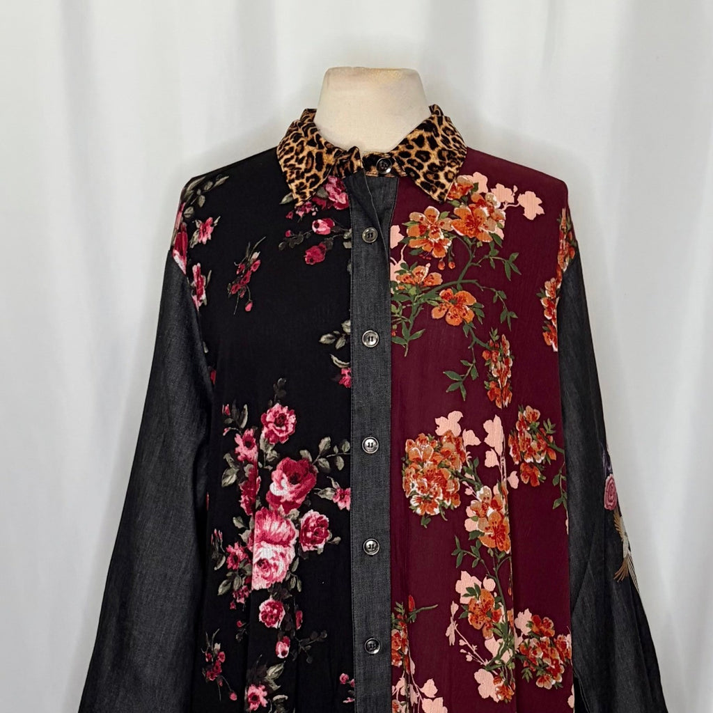 NWT!! CALESSA Embroidered Floral Leopard Print Buttondown Top Blouse Size 3X