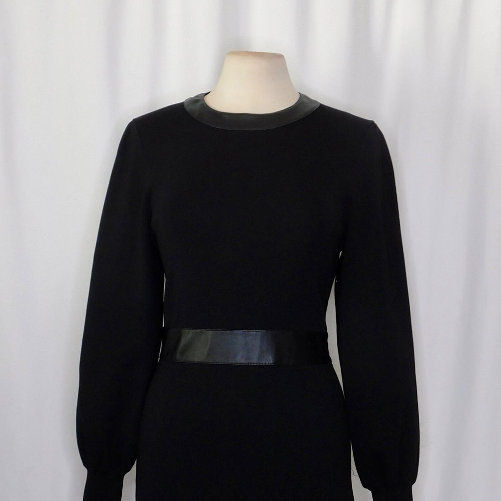 THE KOOPLES Black Knit Faux Leather Trimmed Dress Puff Sleeves Size 3 / Large