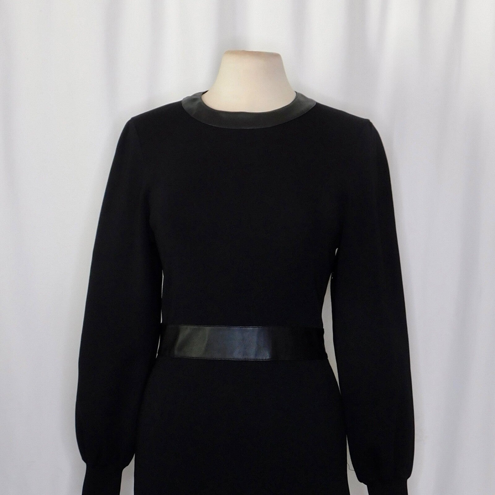 THE KOOPLES Black Knit Faux Leather Trimmed Dress Puff Sleeves Size 3 / Large