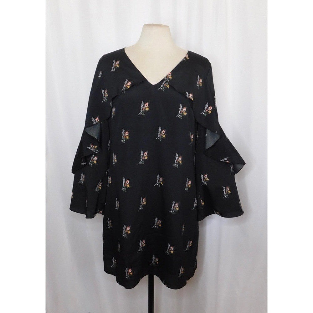 KOBI HALPERIN Ayana Ruffle Sleeve Black Floral Dress Cape Shift Dress Medium