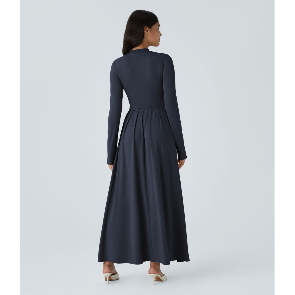 HALARA Navy Blue Mock Neck Long Sleeve Pocket Flare Maxi Casual Dress Knit XS