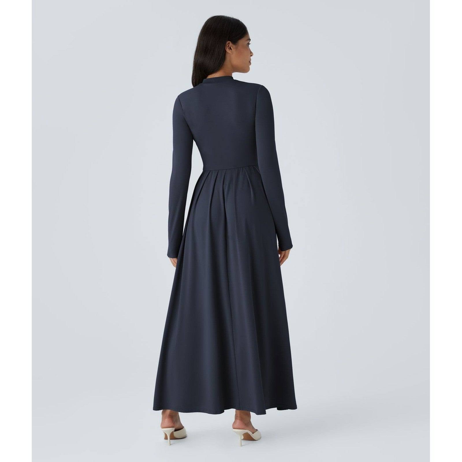 HALARA Navy Blue Mock Neck Long Sleeve Pocket Flare Maxi Casual Dress Knit XS