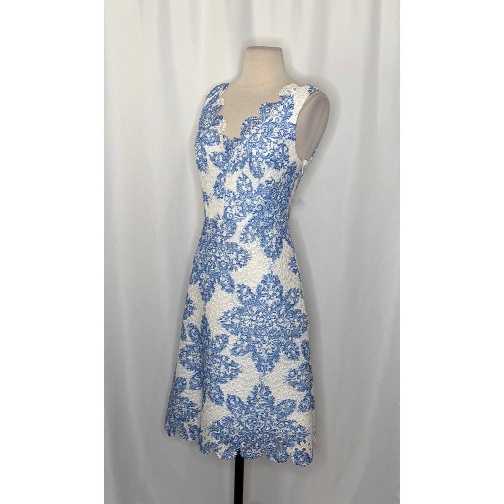 Anthropologie EVA FRANCO Starflower Scalloped Dress Blue White Lace Size 4