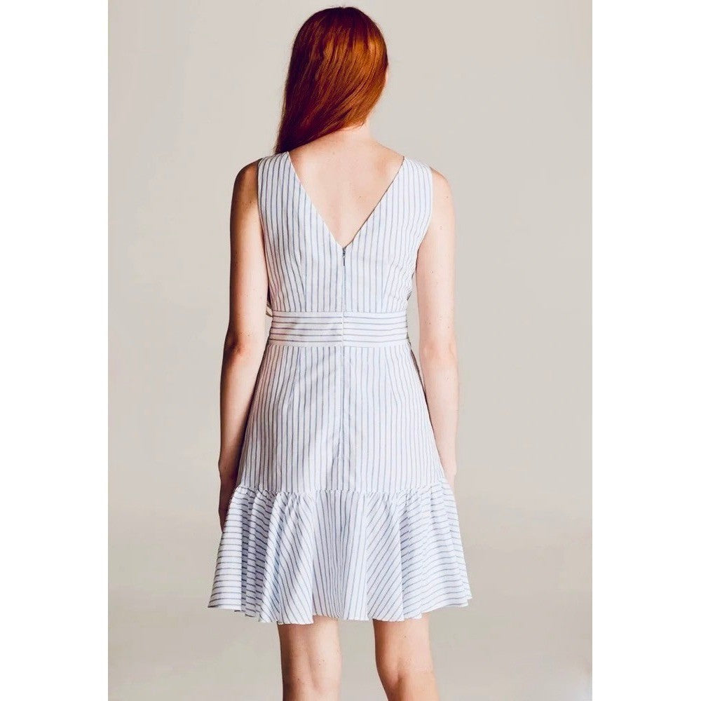 REBECCA TAYLOR Sleeveless Stripe Linen Wrap Dress Ruffle White Milk Blue Sky 4