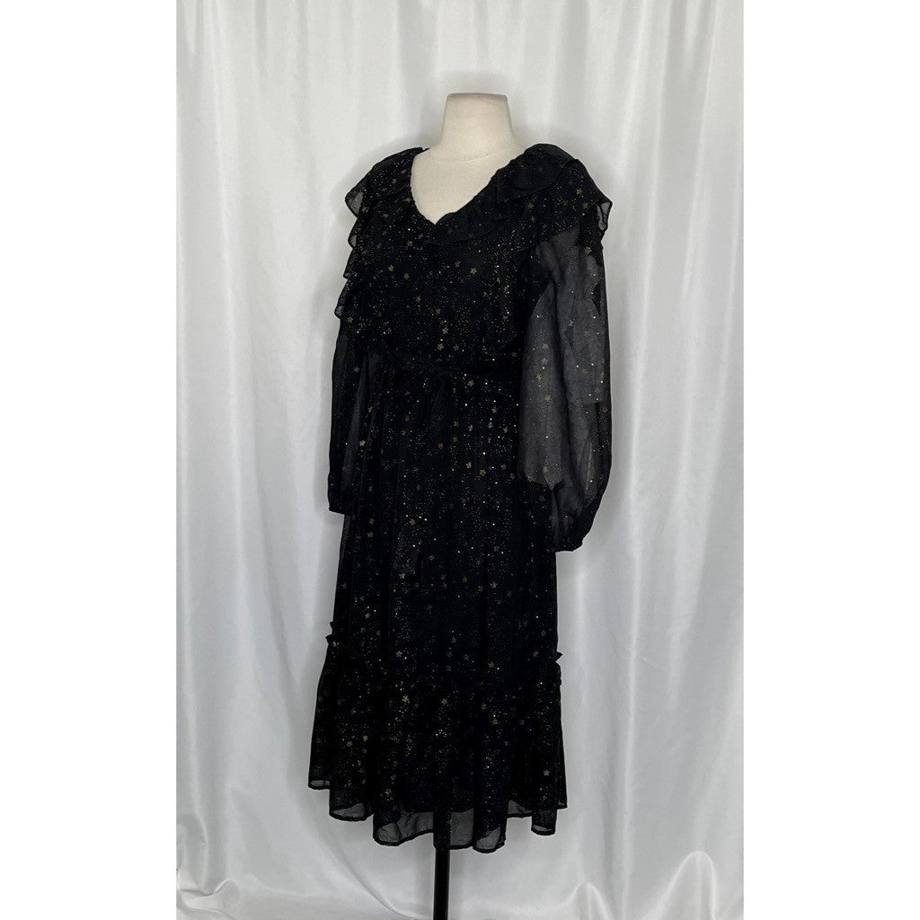 BY THE RIVER Chiffon Midi Dress Ruffled Black Gold Stars Party Glam Star Small