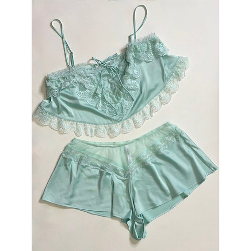 ANTHROPOLOGIE Two Piece Set Crop Lace Ruffle Cami Short Mint Green Lacey Medium