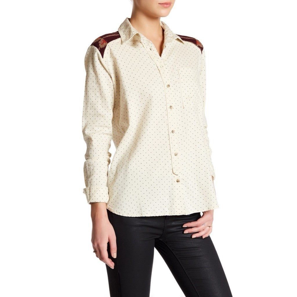 FREE PEOPLE Mixed Media Sage Buttondown Shirt Wool Western Polka Dot Medium