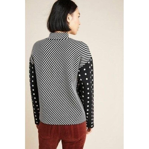 By ANTHROPOLOGIE Lizzie Mock Neck Sweater Black White Polka Dot Striped Large