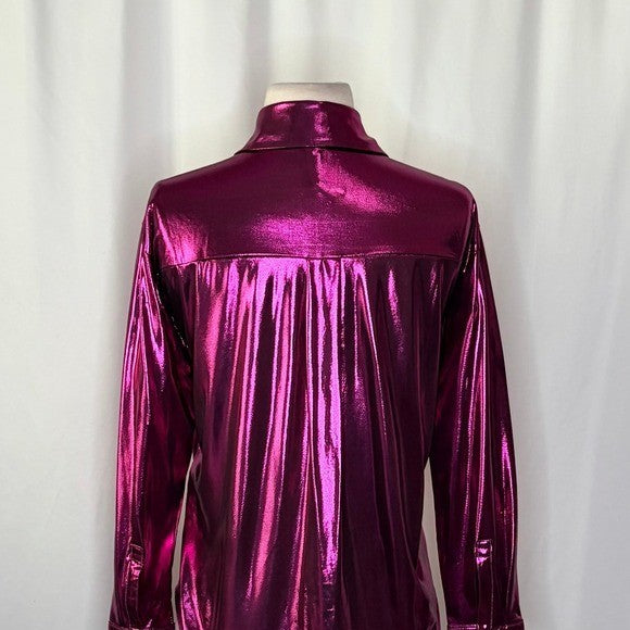 By ANTHROPOLOGIE Magenta Pink Shimmer Shine Lamé Buttondown Top Blouse X-Small