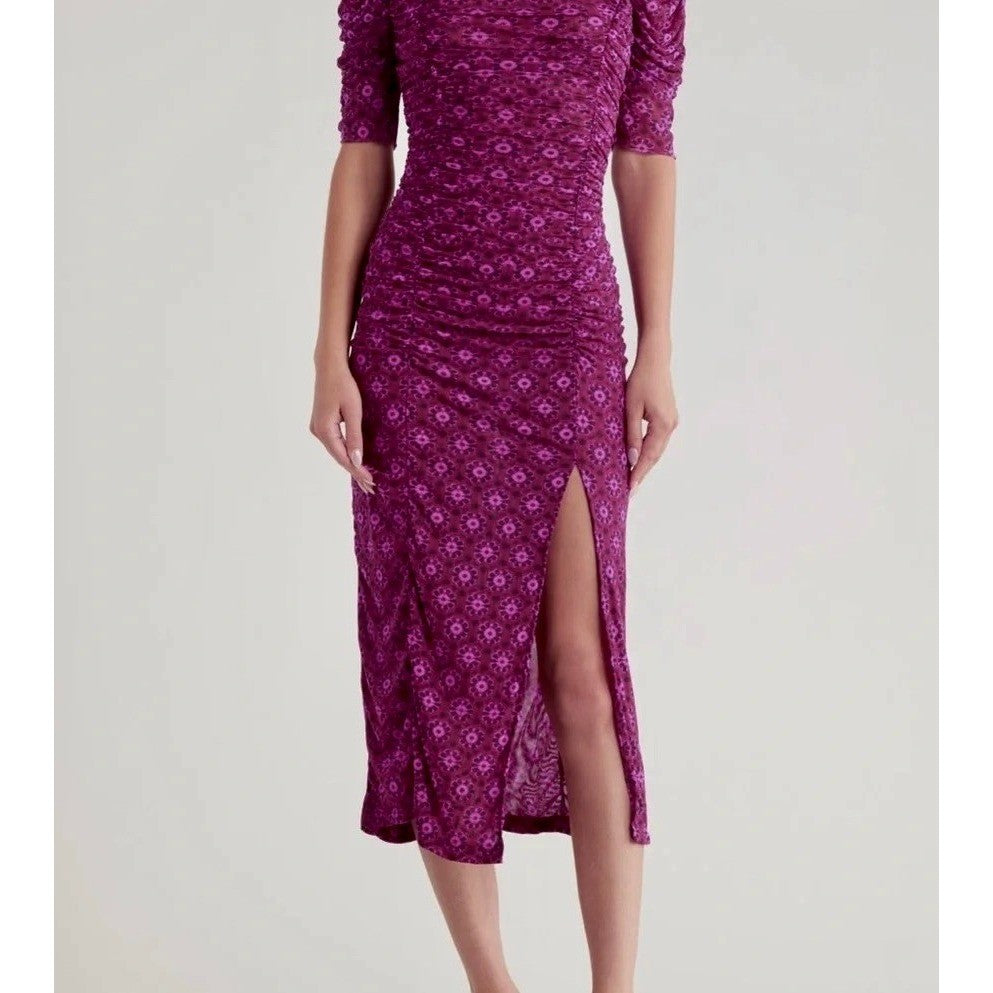 FREE PEOPLE Briella Dress Floral Ruched Midi Fuchsia Combo Ruching Party Large