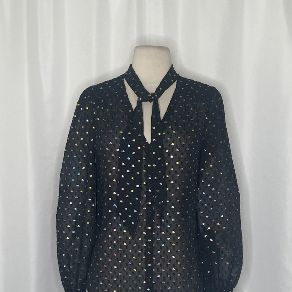 NWT!! PAIGE Cleobelle Black Metallic Tie Neck Top Blouse Rainbow Clip Dot XS