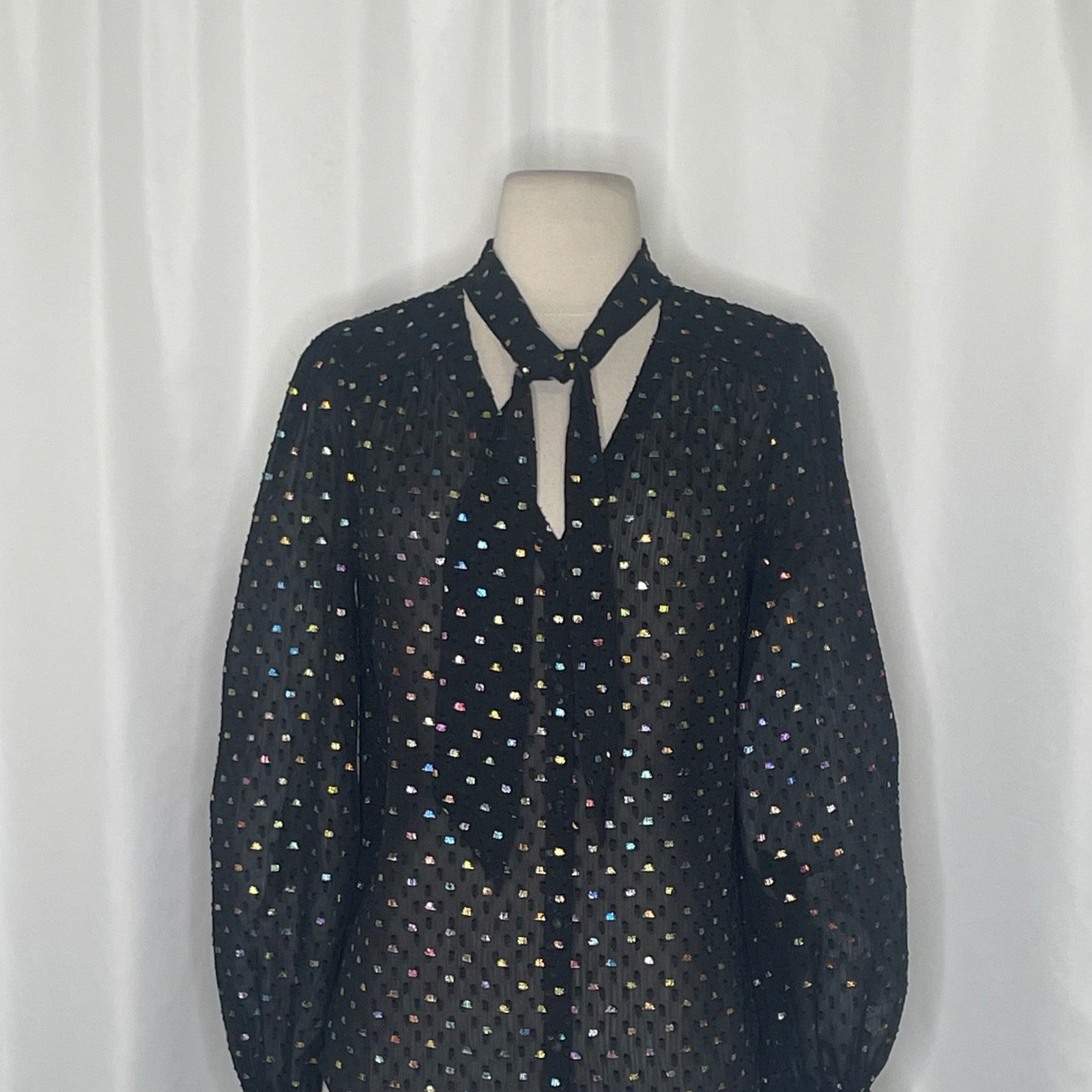 NWT!! PAIGE Cleobelle Black Metallic Tie Neck Top Blouse Rainbow Clip Dot XS