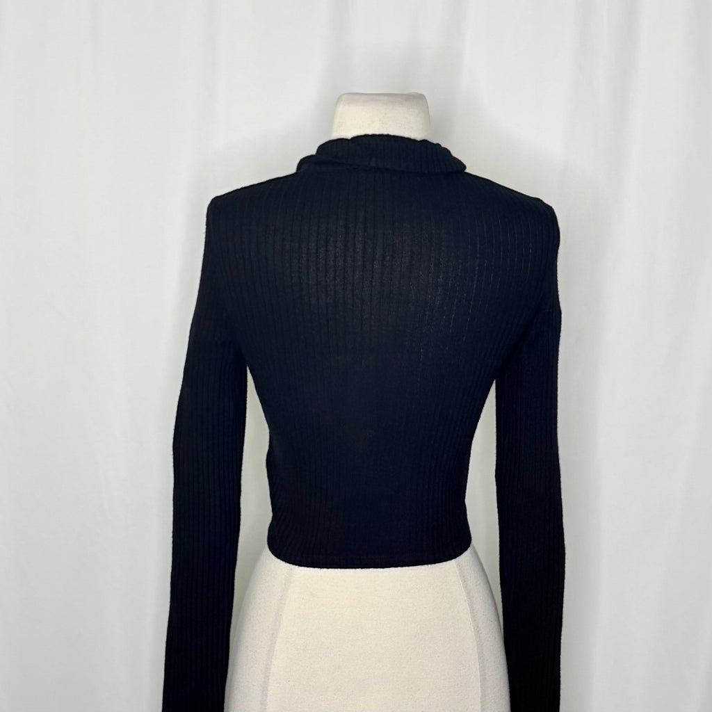 REFORMATION Rainey Crop Henley Ribbed Solid Black Cropped Collared X-Small