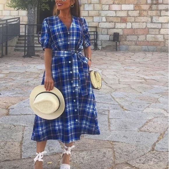 ZARA Blue Plaid Taffeta Dress Belted Tie Waist Midi Buttondown Preppy Small