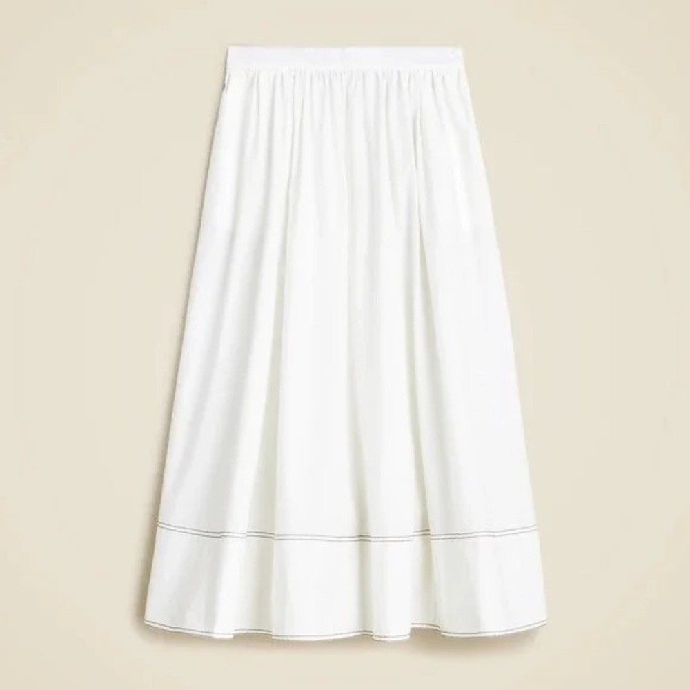 NWT!! J. CREW Contrast-Stitch Midi Skirt Cotton Poplin Solid White Navy Blue 14