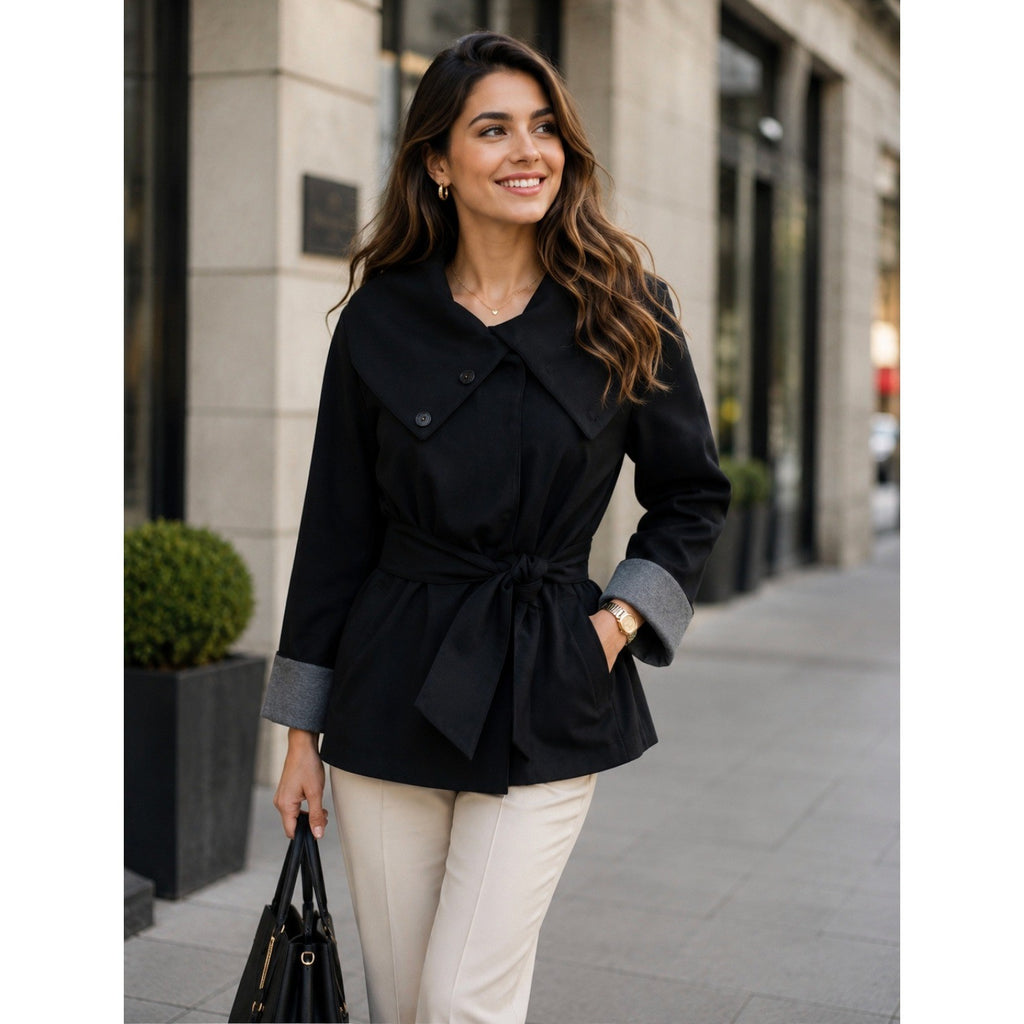 THEORY Sheena Solid Black Belted Jacket Snap Closures Viscose Knit Stretch Large