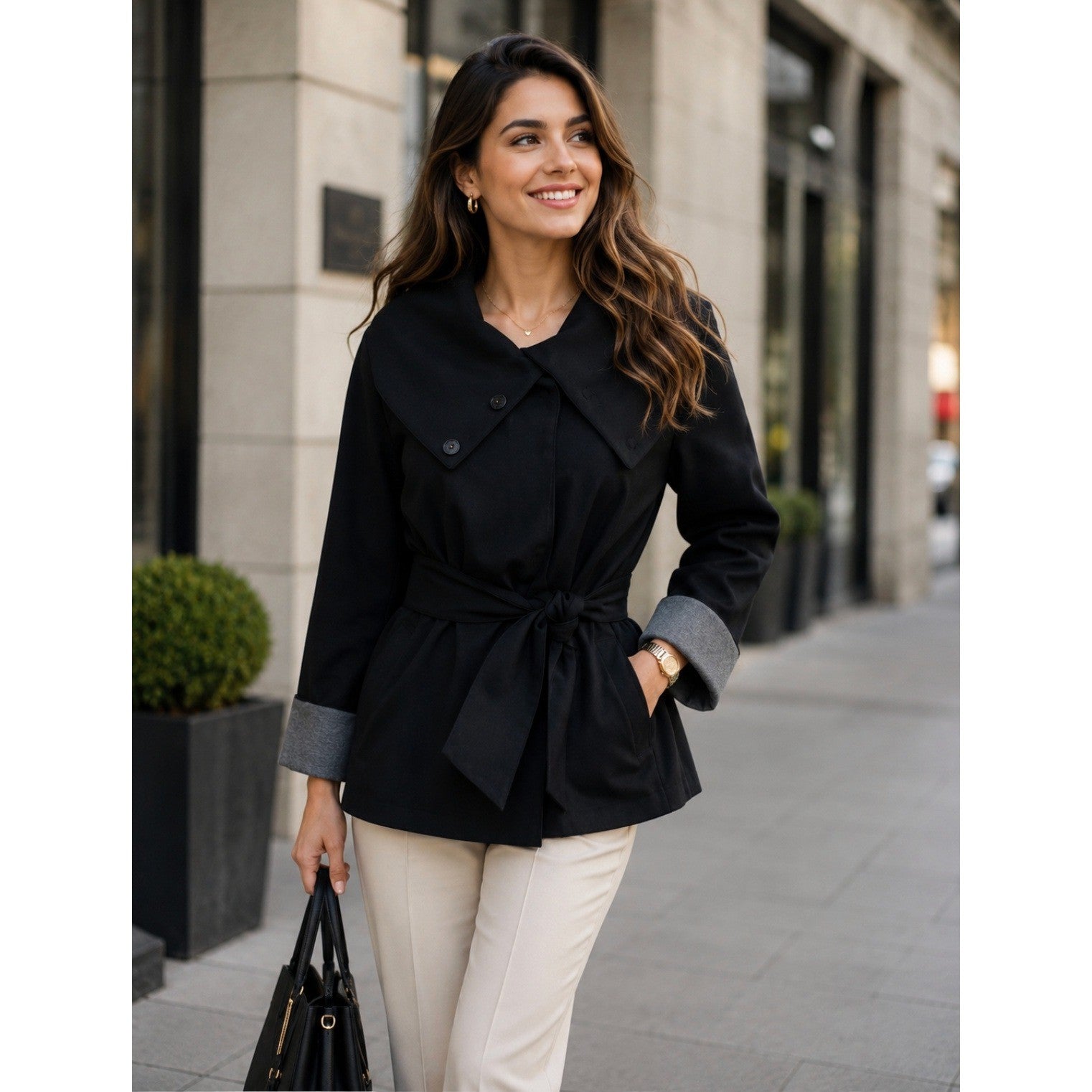 THEORY Sheena Solid Black Belted Jacket Snap Closures Viscose Knit Stretch Large