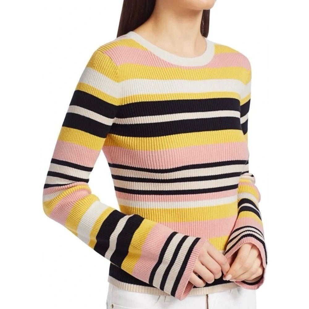 FRAME Denim Baja Citrine Stripe Sweater Cashmere Ribbed Knit Flare Sleeves Small