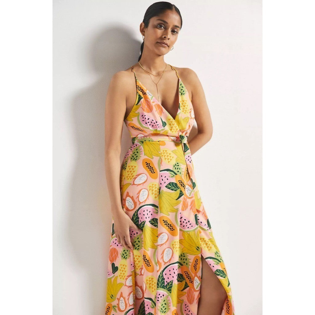 Anthropologie HUTCH Fruit High-Low Wrap Maxi Dress Glenne Tie Waist X-Small