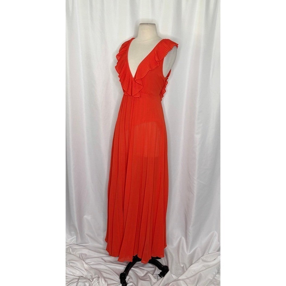 ZARA Pleated Ruffled Red Maxi Dress Plunge V Neckline Valentine 2731/060 Medium