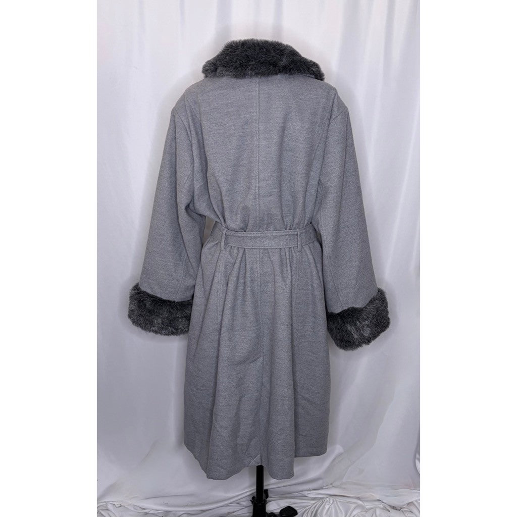 NWT!! LANE BRYANT Grey Belted Trench Coat Faux Fur Collar Cuffs Size 26 28