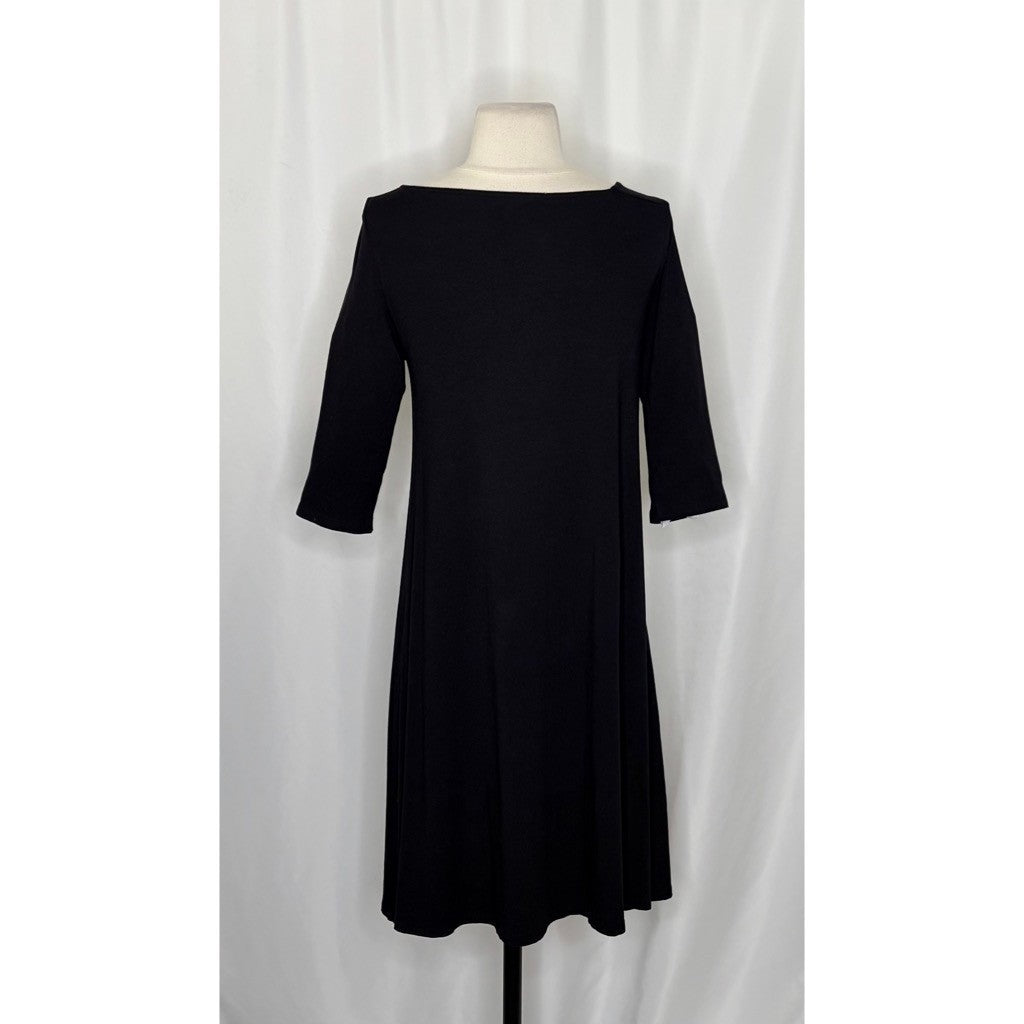 EILEEN FISHER Black Knit Shift Dress Half Sleeves Asymmetrical Neckline X-Small