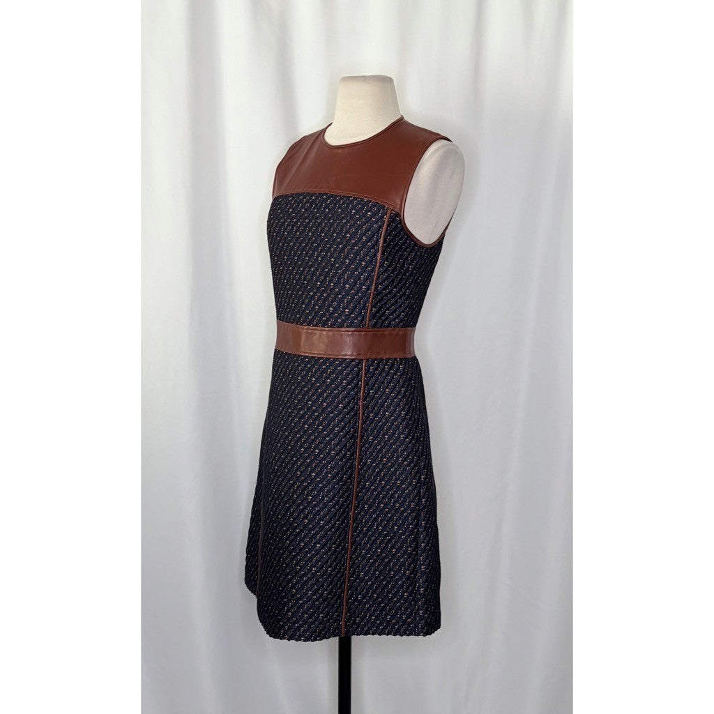 THEORY Calvino Mixed Media Tweed Lamb Leather Dress Brown Blue Fit and Flare 6