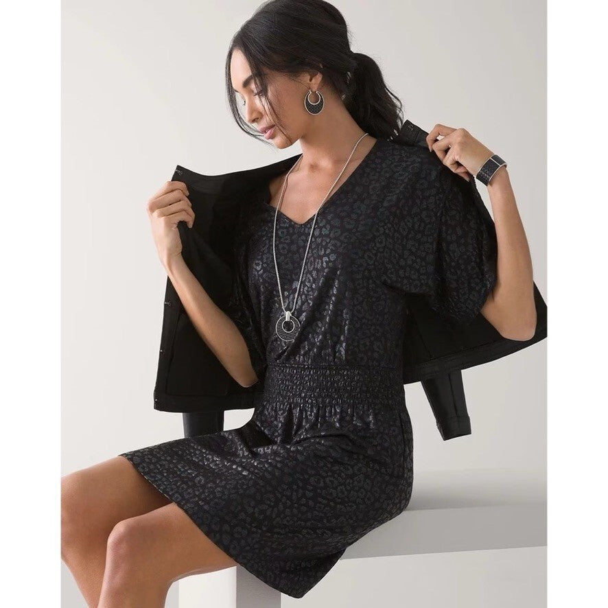 NWT!! WHBM Kimono Sleeve Smocked Waist Dress Leopard Foil Mini Animal X-Small