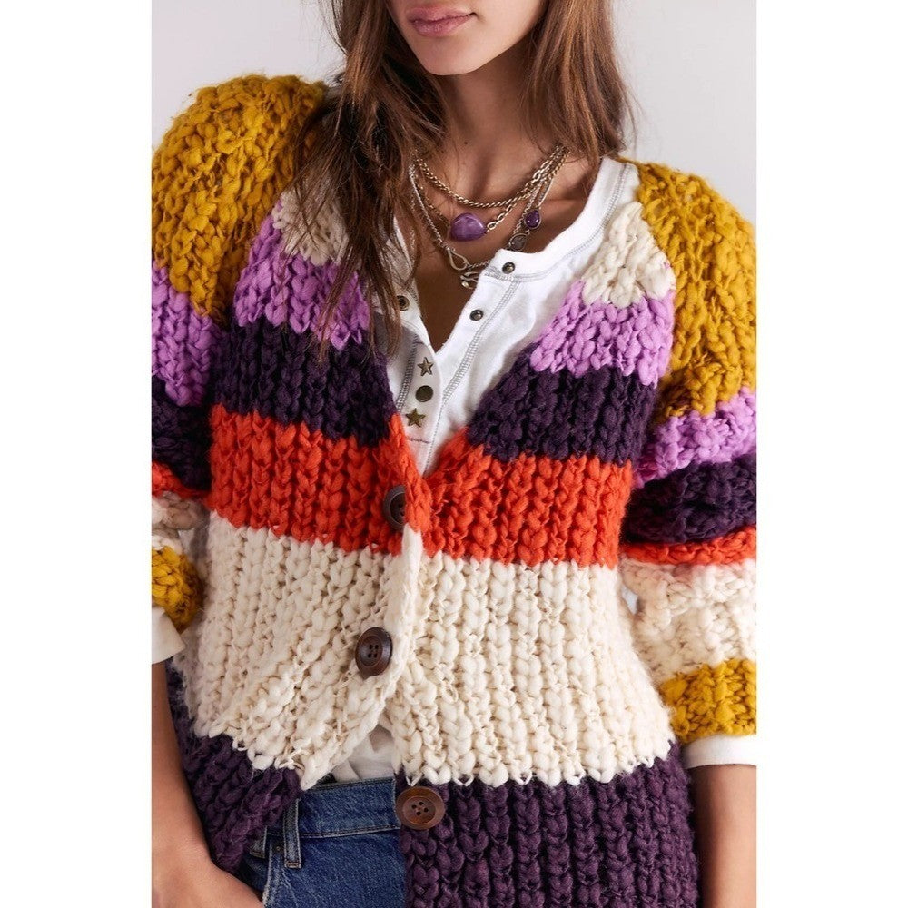 NWT!! FREE PEOPLE Myles Stripe Cardi Chunky Knit Cardigan Sweater X-Small