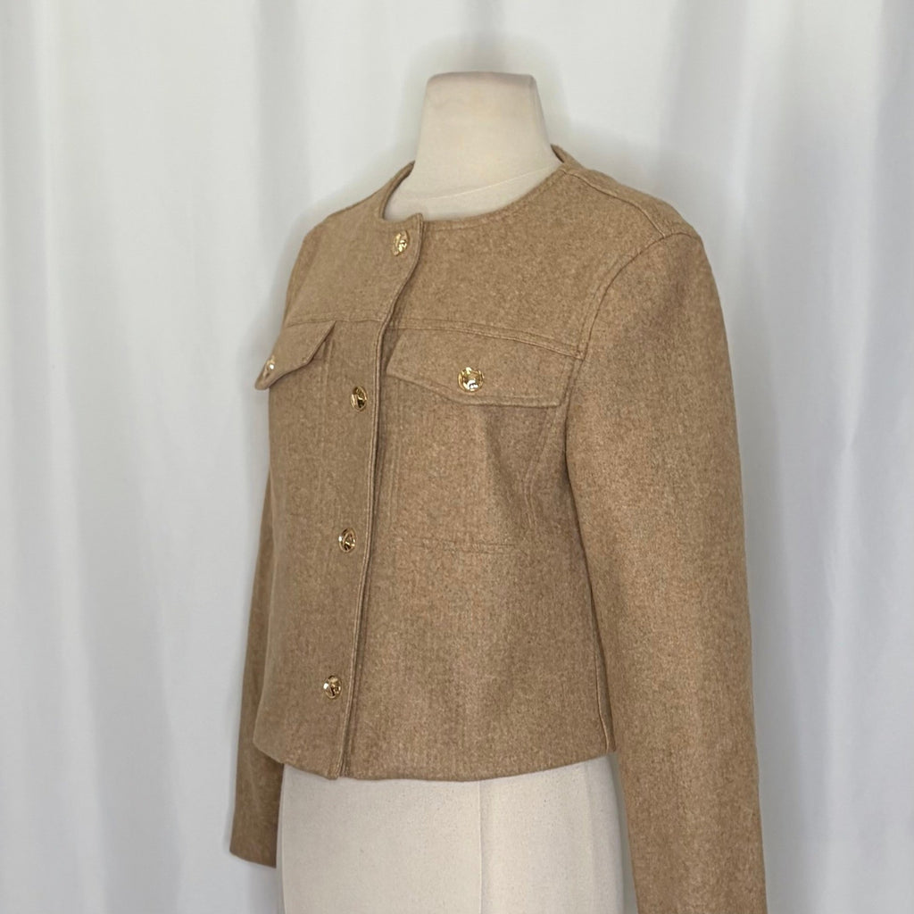 ZARA Cropped Jacket Light Brown Tan Gold Hammered Snaps Preppy Chic Small