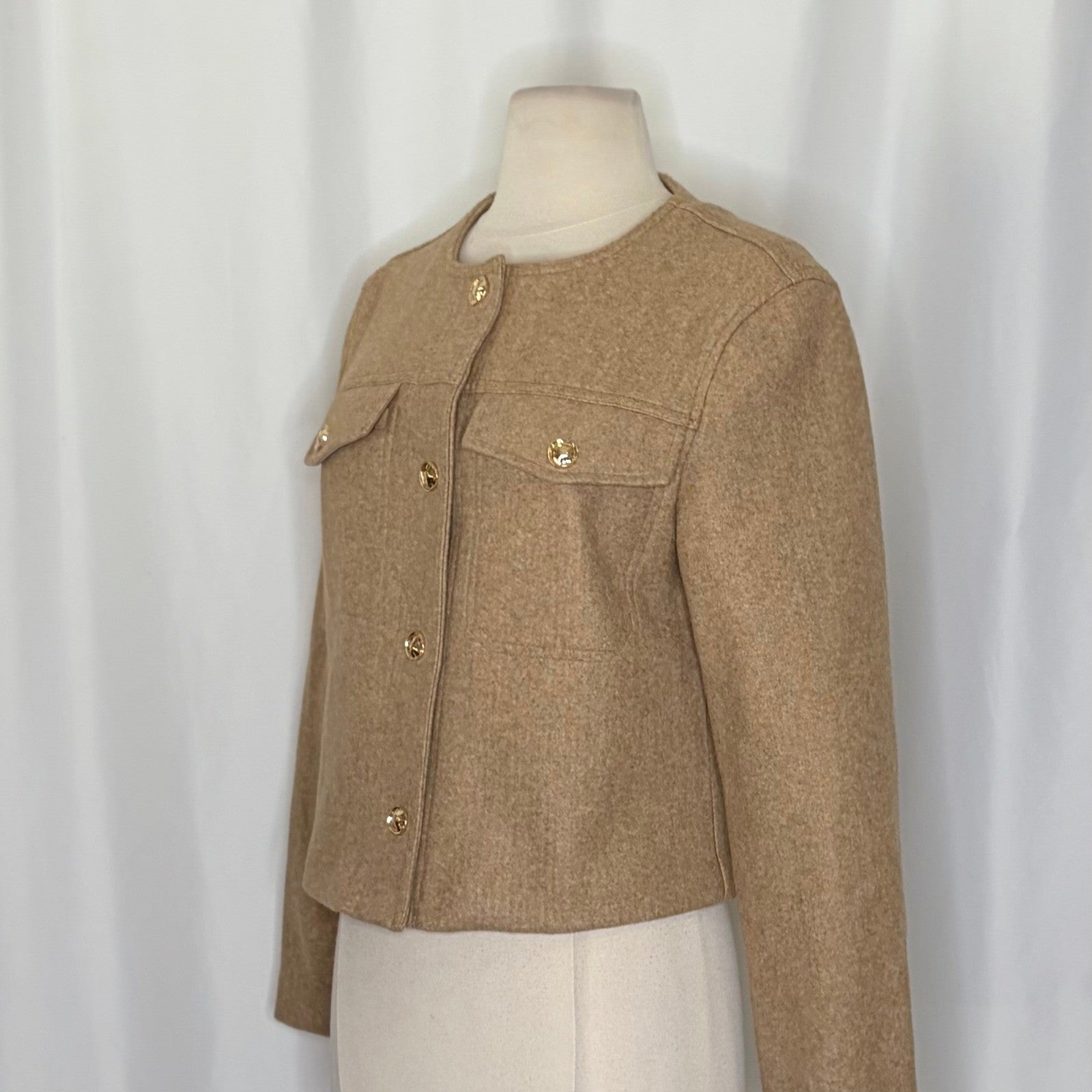 ZARA Cropped Jacket Light Brown Tan Gold Hammered Snaps Preppy Chic Small